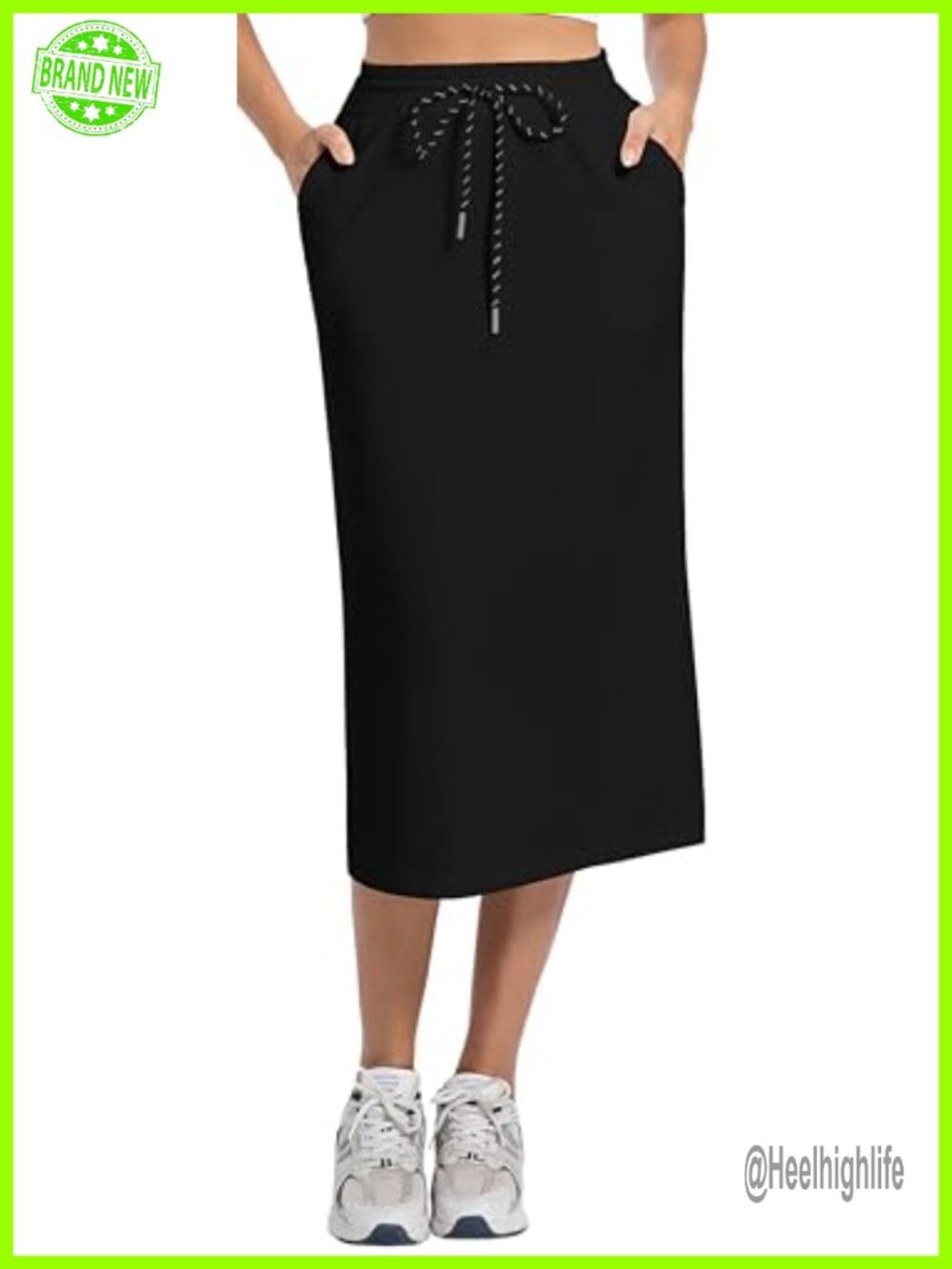 High Waist Elastic Drawstring Midi Skirt with Pockets